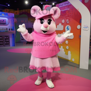 Pink But mascot costume character dressed with a Wrap Skirt and Mittens