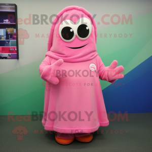 Pink But mascot costume character dressed with a Wrap Skirt and Mittens