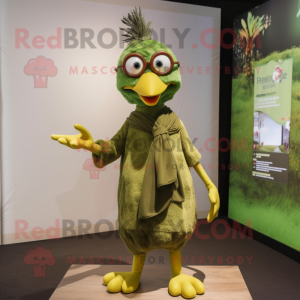 Olive Hens mascot costume character dressed with a Playsuit and Eyeglasses