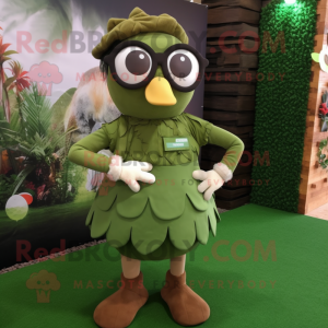 Olive Hens mascot costume character dressed with a Playsuit and Eyeglasses