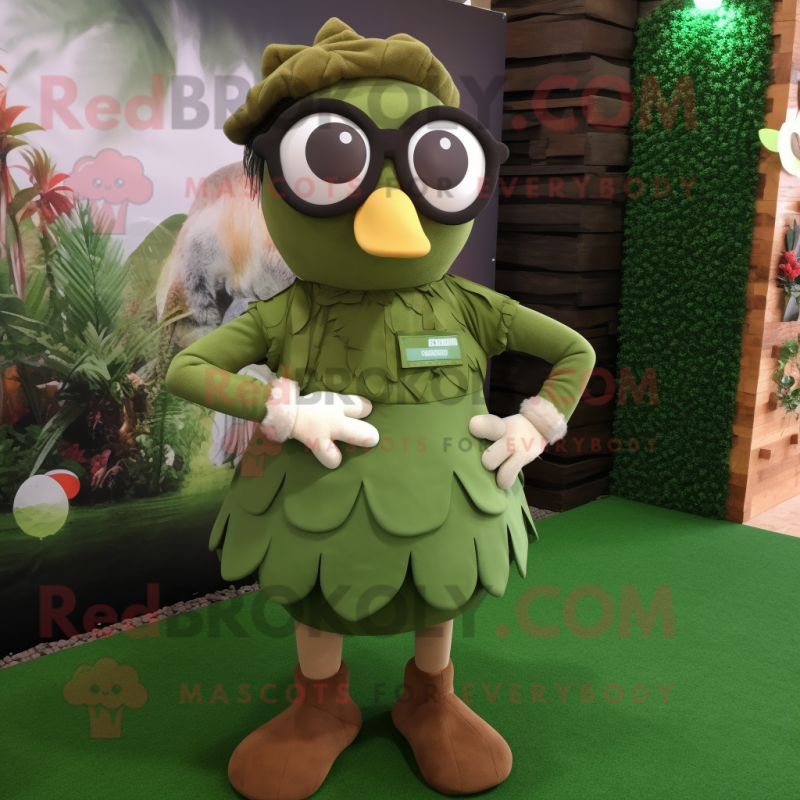 Olive Hens mascot costume character dressed with a Playsuit and Eyeglasses Olive Hens mascot costume character dressed with a Playsuit and Eyeglasses