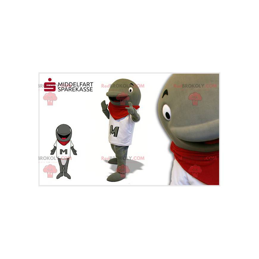 Gray dolphin mascot with a white t-shirt and a red scarf -