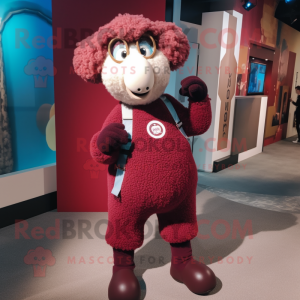 Maroon Sheep mascot costume character dressed with a Leggings and Suspenders