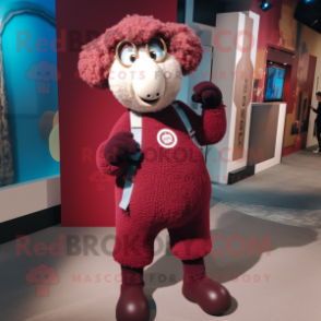 Maroon Sheep mascot costume character dressed with a Leggings and Suspenders