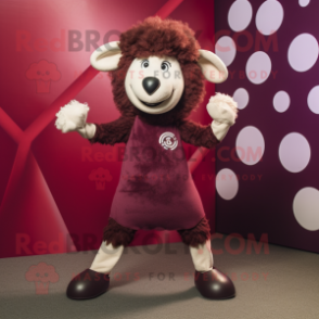 Maroon Sheep mascot costume character dressed with a Leggings and Suspenders