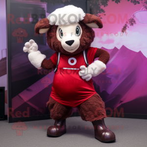 Maroon Sheep mascot costume character dressed with a Leggings and Suspenders