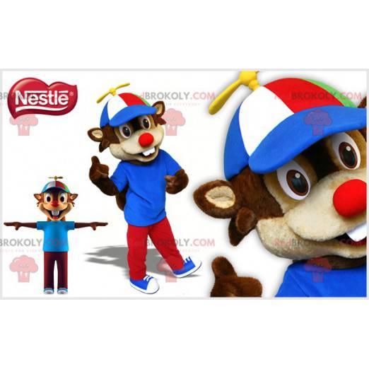 Mascote esquilo marrom e bege com boné - Redbrokoly.com