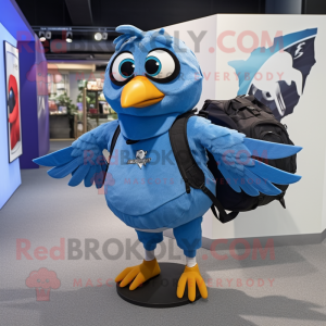 Sky Blue Blackbird mascot costume character dressed with a Running Shorts and Backpacks