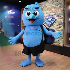 Sky Blue Blackbird mascot costume character dressed with a Running Shorts and Backpacks