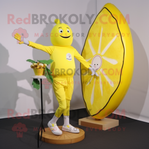 Lemon Yellow Unicyclist mascot costume character dressed with a Rash Guard and Cummerbunds