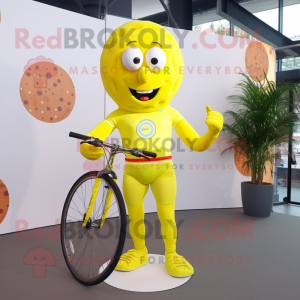 Lemon Yellow Unicyclist mascot costume character dressed with a Rash Guard and Cummerbunds