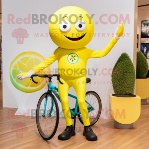 Lemon Yellow Unicyclist mascot costume character dressed with a Rash Guard and Cummerbunds