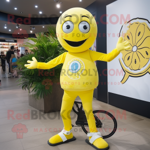 Lemon Yellow Unicyclist mascot costume character dressed with a Rash Guard and Cummerbunds