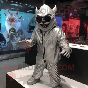 Silver Demon mascot costume character dressed with a Windbreaker and Sunglasses