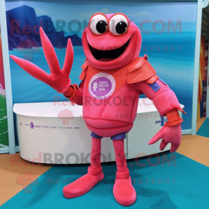 Pink Lobster Bisque mascot costume character dressed with a Board Shorts and Rings