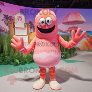 Pink Lobster Bisque mascot costume character dressed with a Board Shorts and Rings