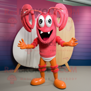 Pink Lobster Bisque mascot costume character dressed with a Board Shorts and Rings