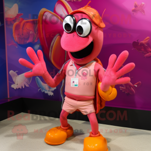 Pink Lobster Bisque mascot costume character dressed with a Board Shorts and Rings