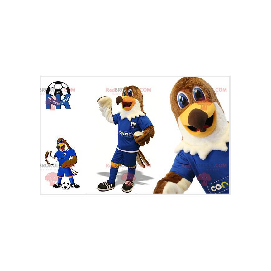 Brown and white eagle mascot in footballer outfit -