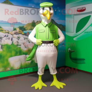 Lime Green Seagull mascot costume character dressed with a Polo Shirt and Belts