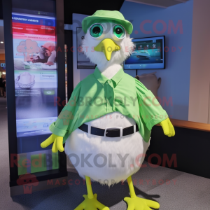 Lime Green Seagull mascot costume character dressed with a Polo Shirt and Belts