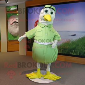 Lime Green Seagull mascot costume character dressed with a Polo Shirt and Belts