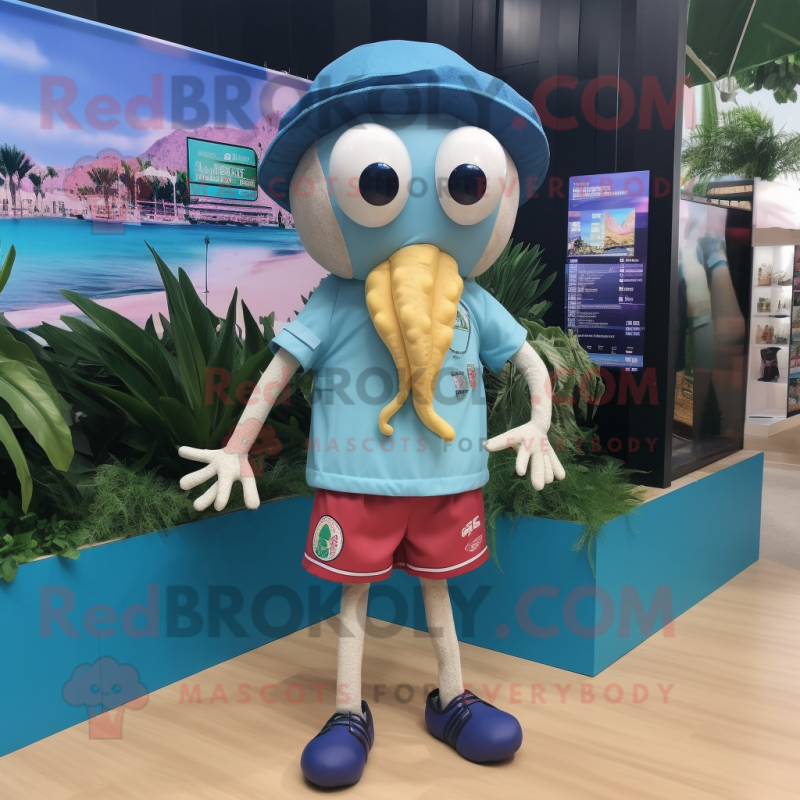 nan Octopus mascot costume character dressed with a Board Shorts and Lapel pins