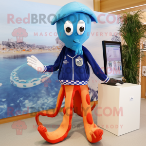 nan Octopus mascot costume character dressed with a Board Shorts and Lapel pins