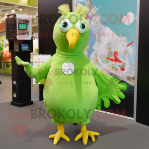 Lime Green Guinea Fowl mascot costume character dressed with a Romper and Keychains