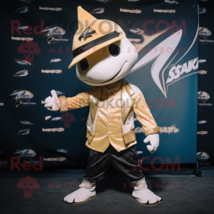 Gold Swordfish mascot costume character dressed with a Waistcoat and Caps