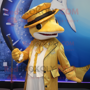 Gold Swordfish mascot costume character dressed with a Waistcoat and Caps