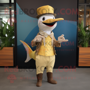Gold Swordfish mascot costume character dressed with a Waistcoat and Caps