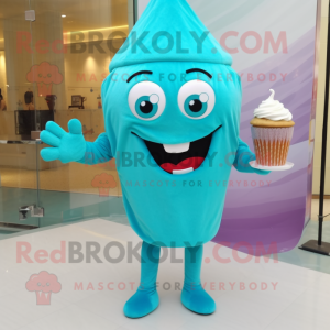 Turquoise Cupcake mascot costume character dressed with a Sheath Dress and Foot pads