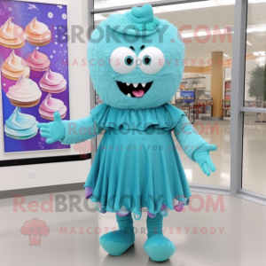 Turquoise Cupcake mascot costume character dressed with a Sheath Dress and Foot pads