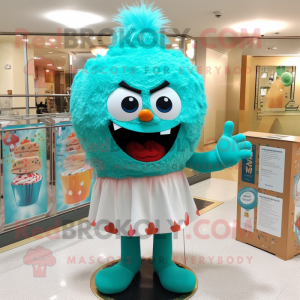 Turquoise Cupcake mascot costume character dressed with a Sheath Dress and Foot pads