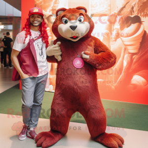 Maroon Mongoose mascot costume character dressed with a Boyfriend Jeans and Anklets