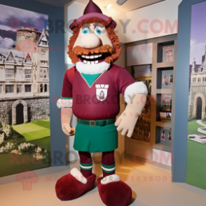 Maroon Irish Castle mascot costume character dressed with a Rugby Shirt and Ties