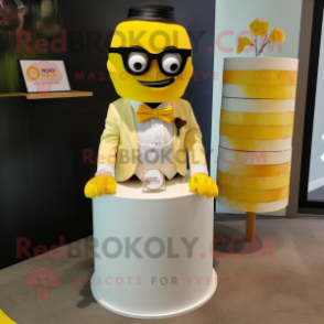 Yellow Wedding Cake mascot costume character dressed with a T-Shirt and Ties