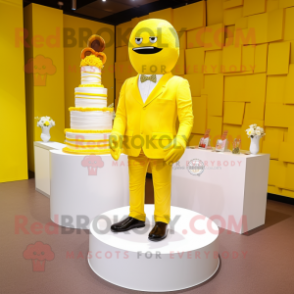 Yellow Wedding Cake mascot costume character dressed with a T-Shirt and Ties