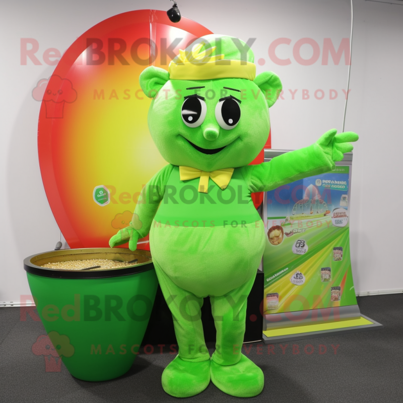 Lime Green Pot Of Gold mascot costume character dressed with a Bikini and Lapel pins