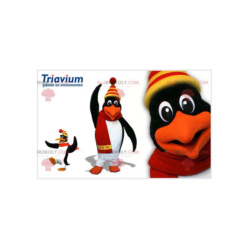 Black and white penguin mascot with a colorful cap -