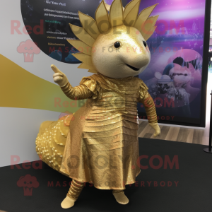 Gold Armadillo mascot costume character dressed with a Shift Dress and Hair clips
