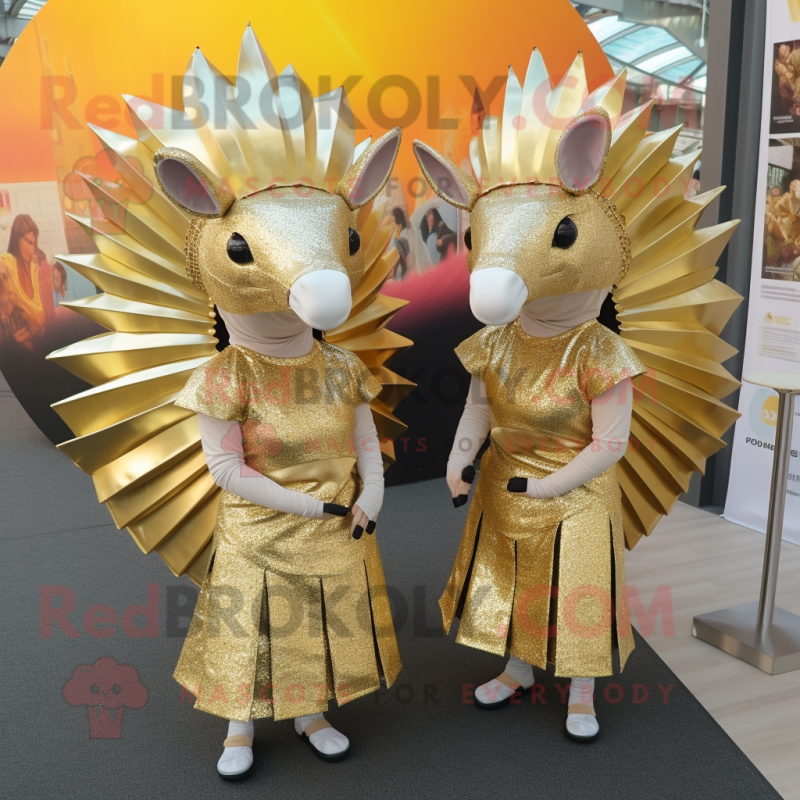 Gold Armadillo mascot costume character dressed with a Shift Dress and Hair clips