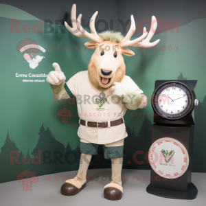 Cream Irish Elk mascot costume character dressed with a V-Neck Tee and Bracelet watches