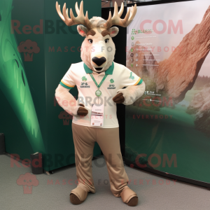 Cream Irish Elk mascot costume character dressed with a V-Neck Tee and Bracelet watches