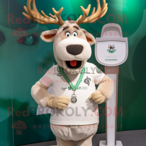 Cream Irish Elk mascot costume character dressed with a V-Neck Tee and Bracelet watches