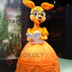 Orange Deer mascot costume character dressed with a Ball Gown and Eyeglasses