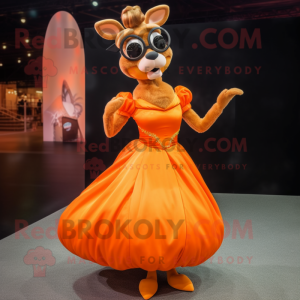 Orange Deer mascot costume character dressed with a Ball Gown and Eyeglasses