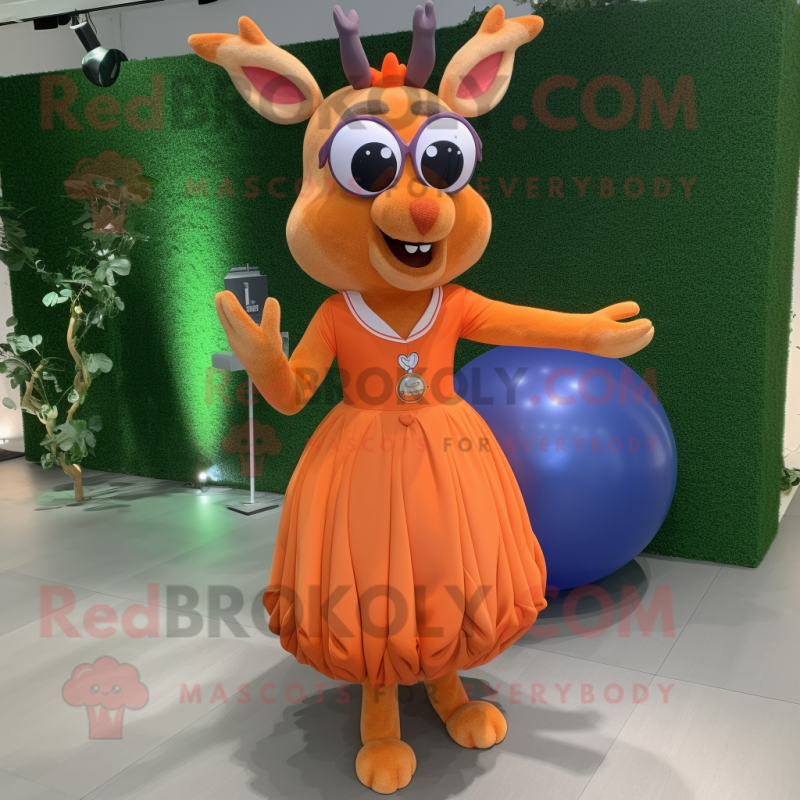 Orange Deer mascot costume character dressed with a Ball Gown and Eyeglasses