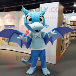 Sky Blue Pterodactyl mascot costume character dressed with a Oxford Shirt and Headbands